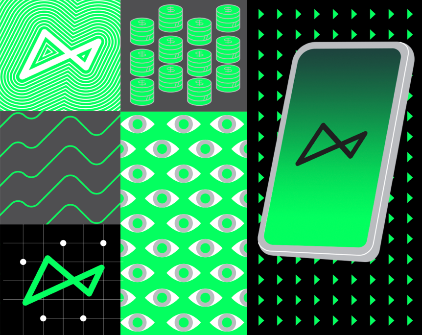 Uma ilustração representa a identidade visual do Open Finance, com celular e iconografia next.